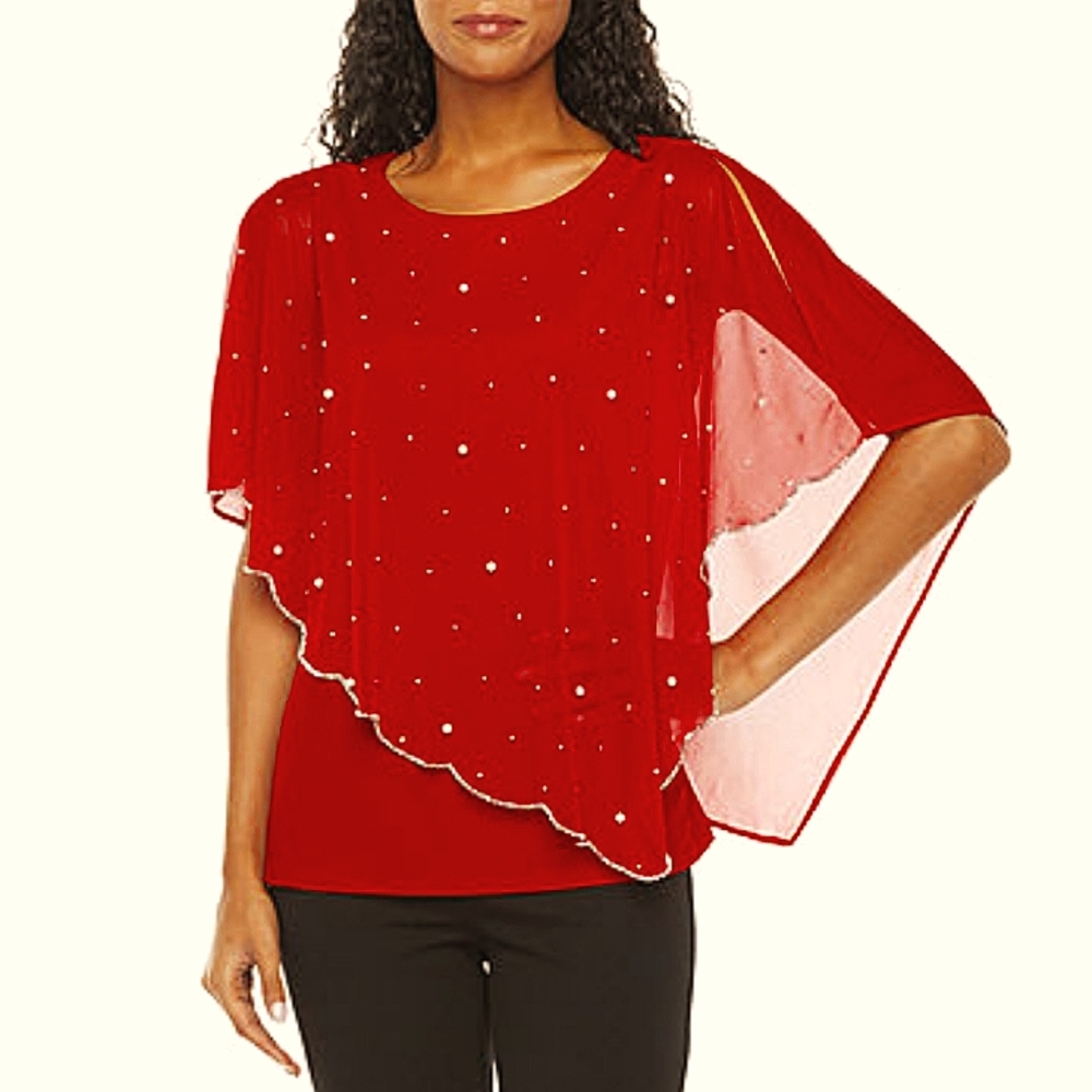 MSK Womens Scoop Neck Elbow Sleeve Beaded Blouse